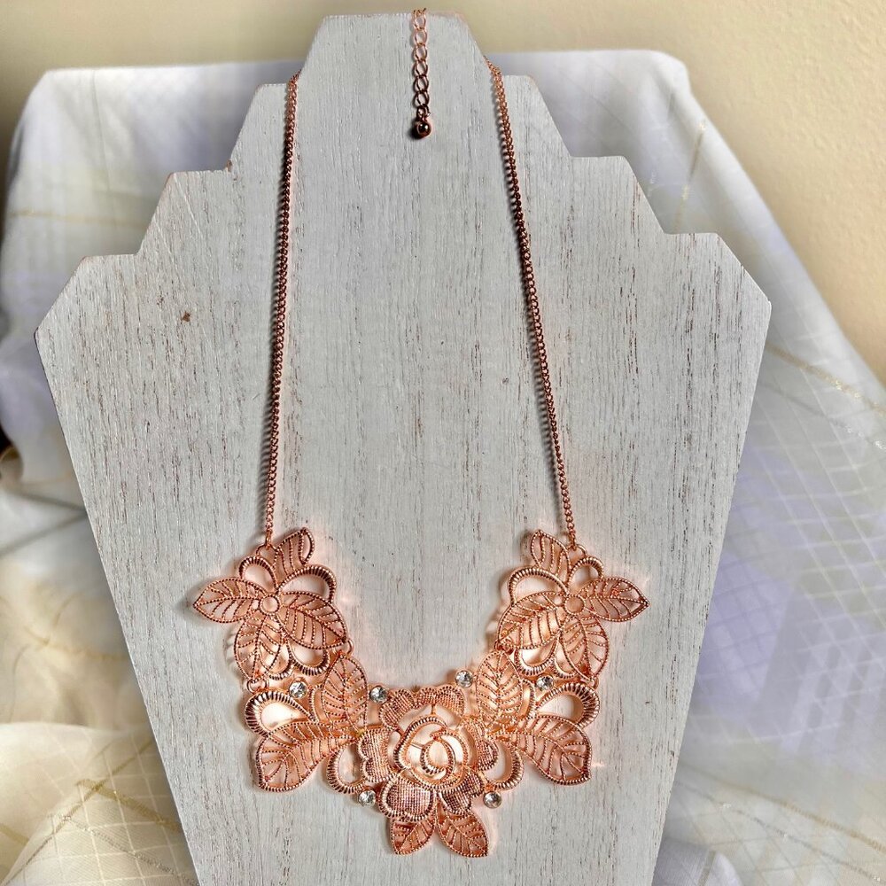 Coppertone Floral Metal Necklace with Crystal Accents, Statement Necklace